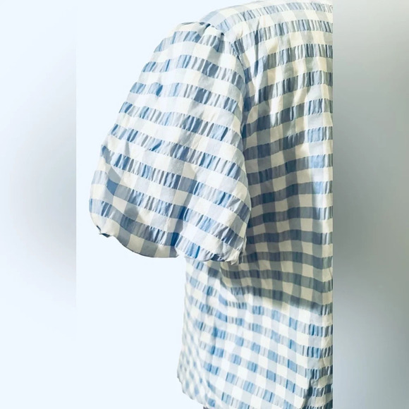 Ann Taylor Gingham Bubble Sleeve Top in blue and white check seersucker blouse - Picture 7 of 11